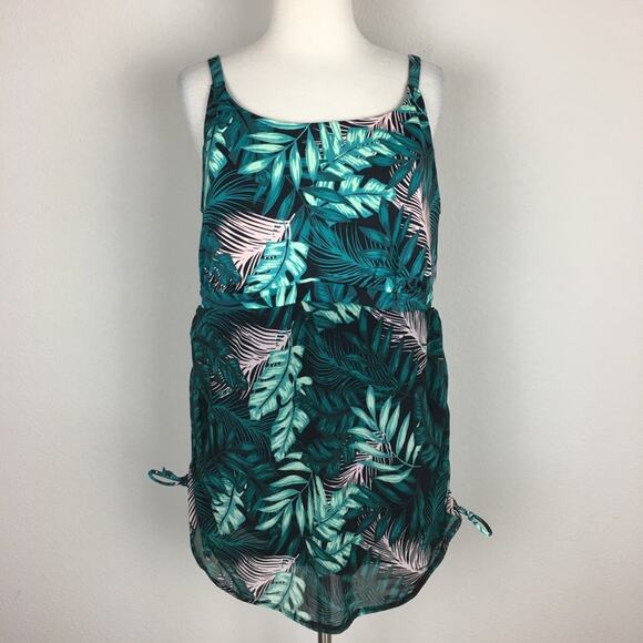 Cacique Green Leaf Print One Piece Mesh Layer Swim 20 - Picture 1 of 7